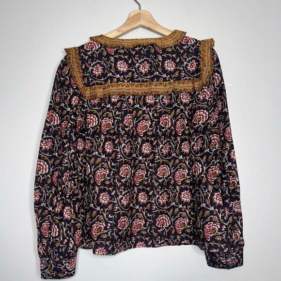 Anthropologie Othilia Sera Ruffled Blouse Black Floral Boho Fall Top Medium - Picture 7 of 8
